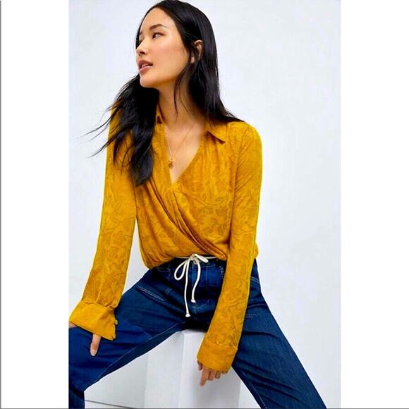 Anthropologie | Long Sleeve Mustard Yellow Top Burnout Maeve XS - Picture 1 of 10